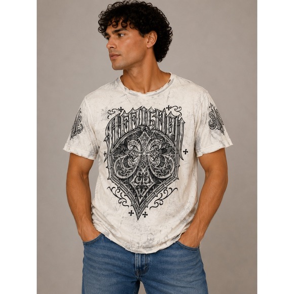 Affliction Other - Affliction Mens Graphic T-Shirt XL White Gothic Fleur De Lis Distressed Y2K MMA